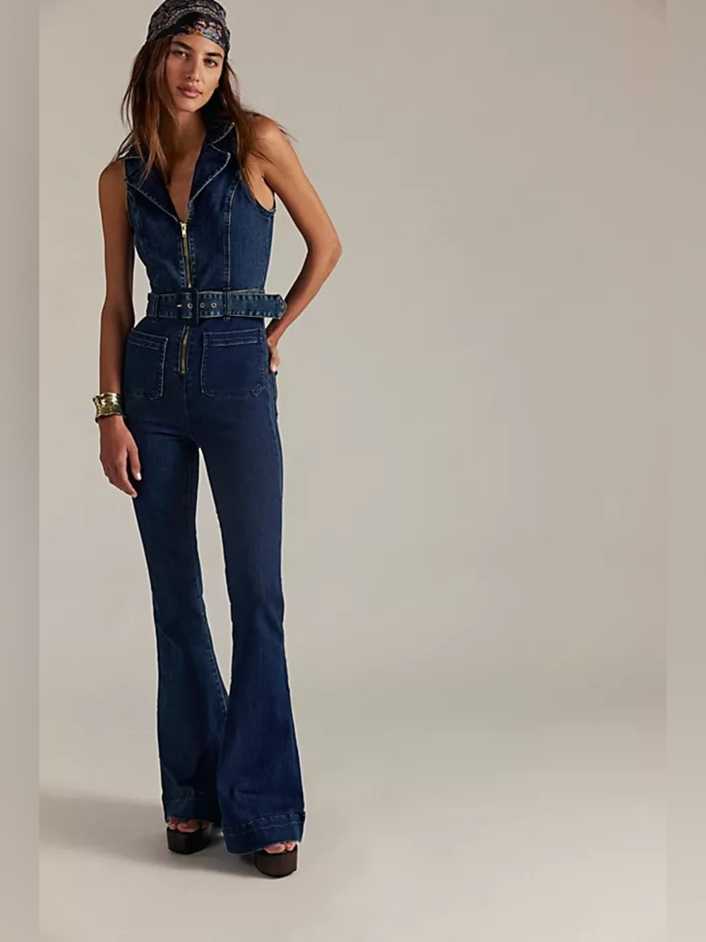 Show Me Your Mumu Jacksonville Denim Jumpsuit L Belted Flare 70s Western Stretch